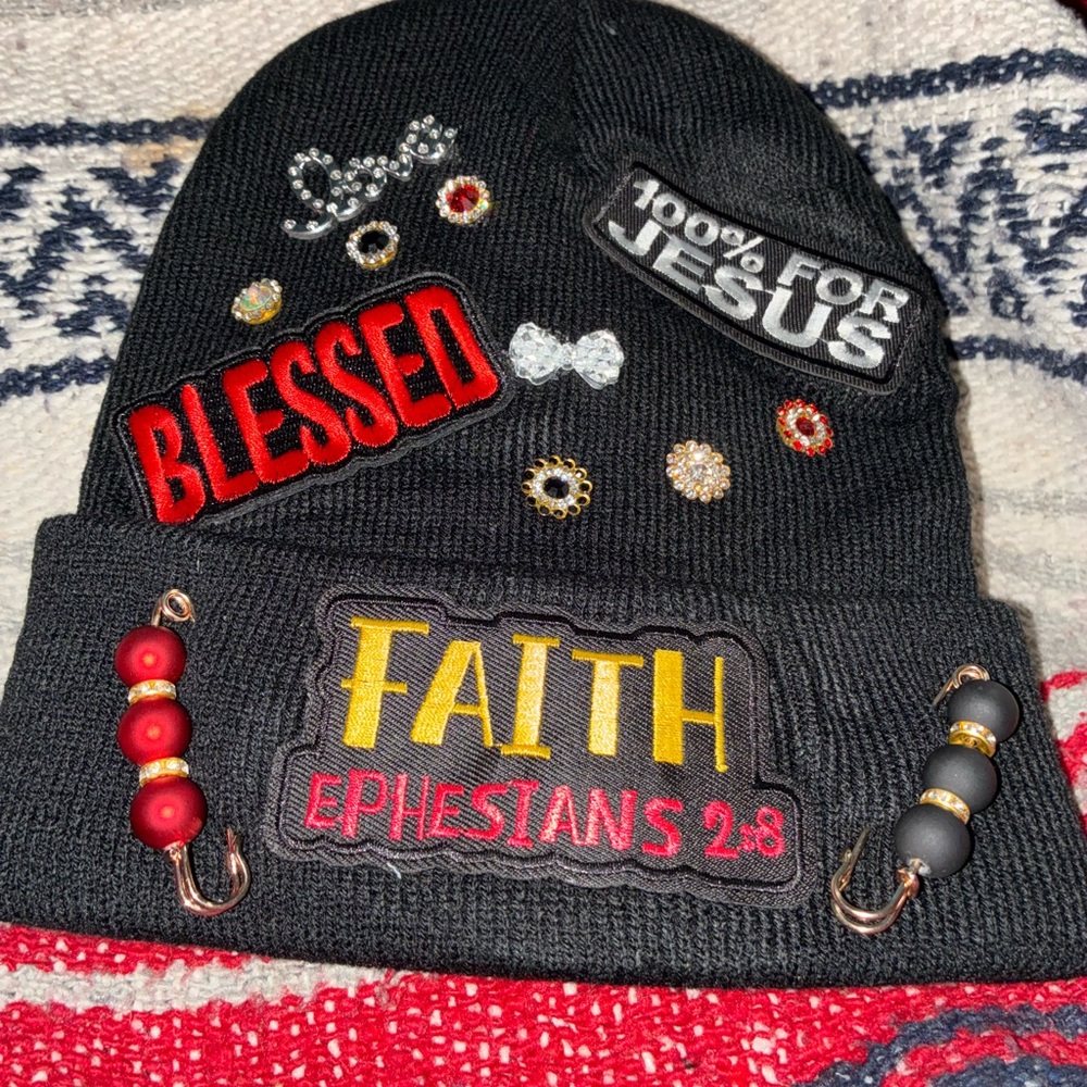 Black Beanie with Faith and Blessed Patches